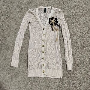 Duster Cardigan Sweater Small Ivory Cream Floral Crochet Flower Brooch Pinned